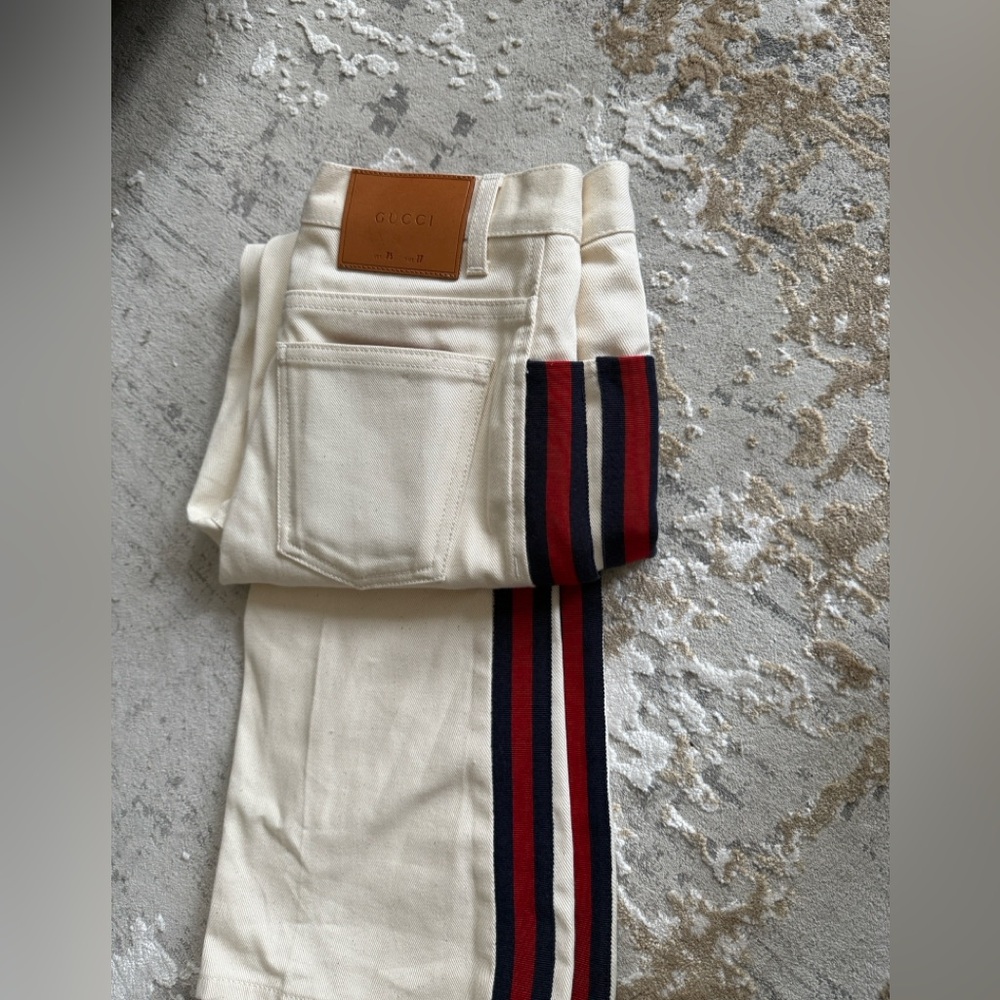 Gucci Beige Jeans with Red and Navy Stripes